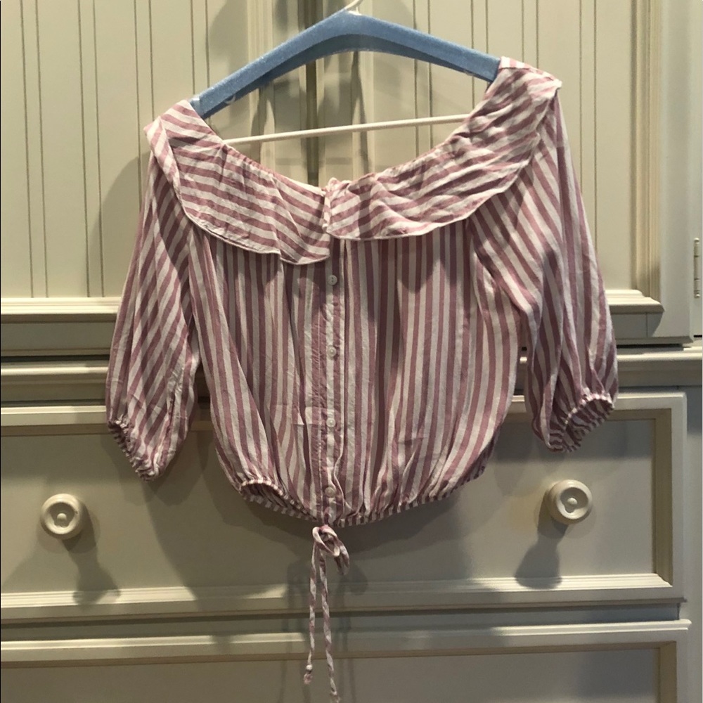 Pink and White Off-The-Shoulder Crop Top